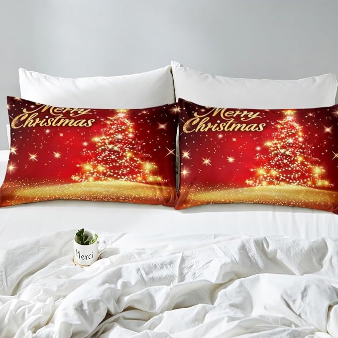 Manfei Christmas Tree Duvet Cover Set Twin Size Gold Sparkle Comforter Cover Merry Christmas Bedding Set 2pcs for Kids Boys Girls Western New Year Theme Bedspread Cover with 1 Pillowcase,No Comforter
