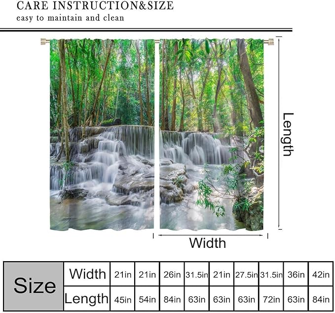 Forest Waterfall Blackout Curtains, Scene Nature Theme Mountain Stream Scenery Print Window Drapes, for Bedroom Living Room 42" W X 45" L
