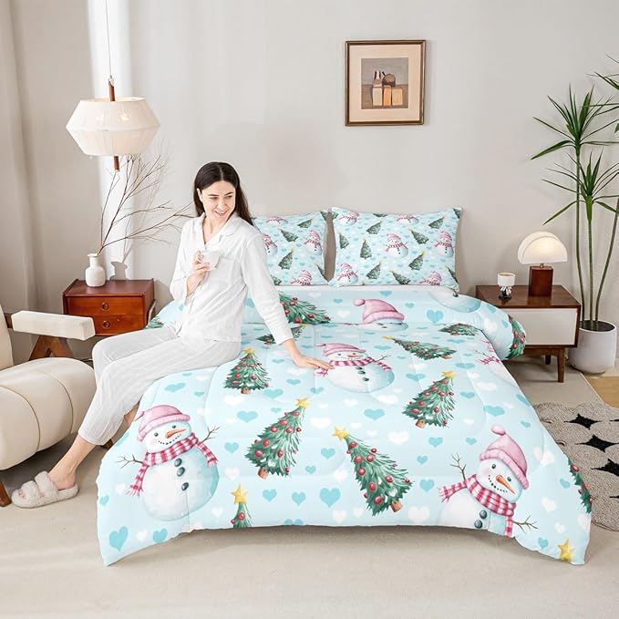 Feelyou Merry Christmas Kids Comforter Set Toddler Size Cute Snowman Bedding Set Christmas Tree Duvet Quilt for Kids Boys Girls Bedroom Love Hearts Decor Microfiber Ultra Soft Breathable