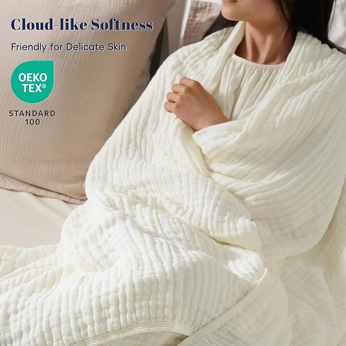 PHF Cooling Muslin Blanket Twin Size 60"x80", 6-Layer Lightweight Gauze Blanket Made from 35% Rayon Derived from Bamboo & 65% Cotton, Breathable & Ultra Soft Cozy, Aesthetic Home Decor, Snow White