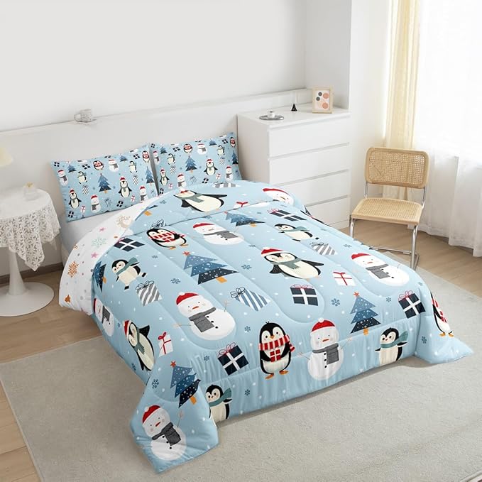 Feelyou Merry Christmas Bedding Set Soft for Boys Girls, Penguin Comforter Set Toddler Size Xmas Tree Snowman Duvet Quilt Microfiber Gift Snowflake Bedroom Decor 2 Pcs with 1 Pillow Cases
