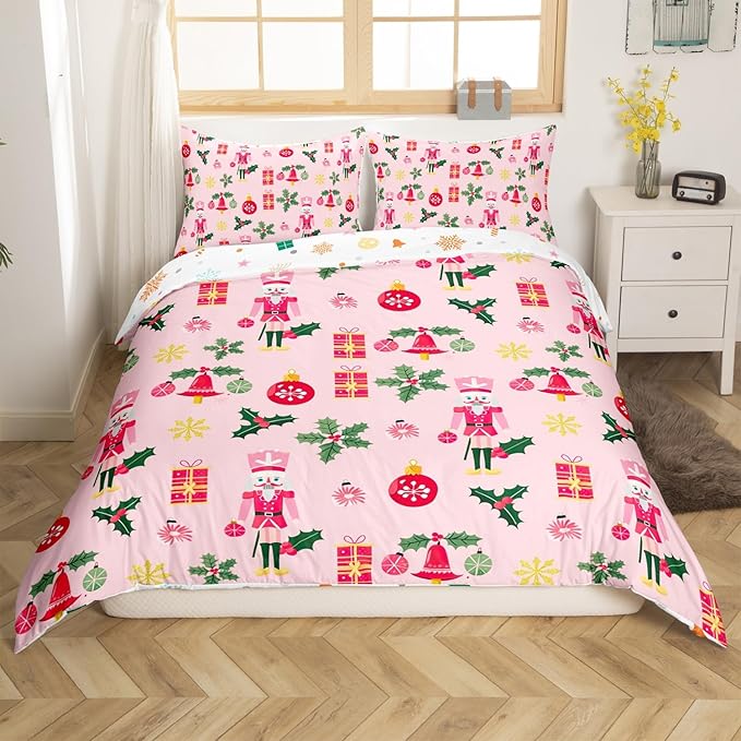 Feelyou Christmas Pink Nutcracker Comforter Cover Queen Size Cute Royal Guarder Duvet Cover Xmas Snowflake Bedding Set Gifts for Kids Boys Girls Decor 2 Pillow Cases Pink