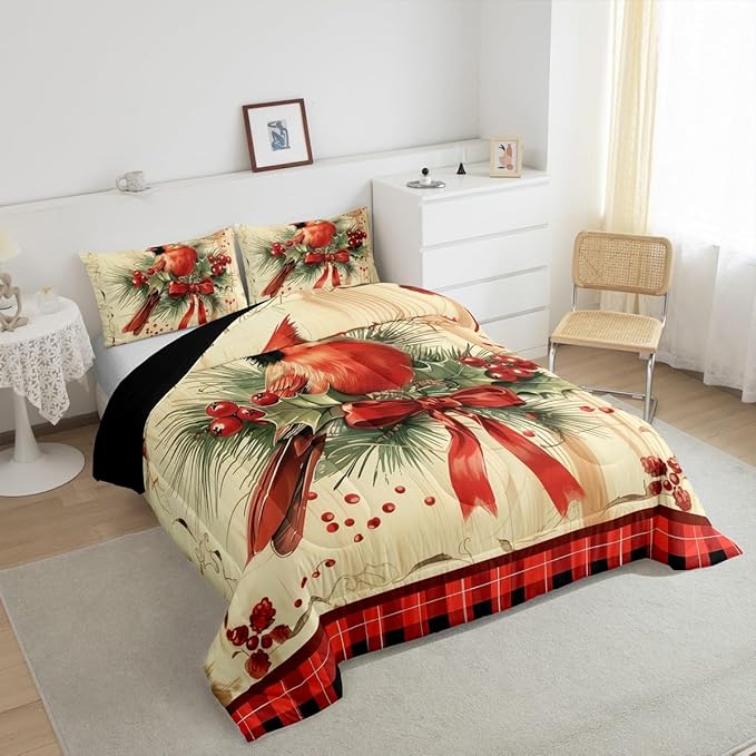 jejeloiu Kids Red Cardinal Comforter Set Toddler Christmas Red Black Plaid Bow Bedding Set for Boys Girls Teens Xmas Birds Animal Winter Wood Plank Duvet Quilt Room Decor