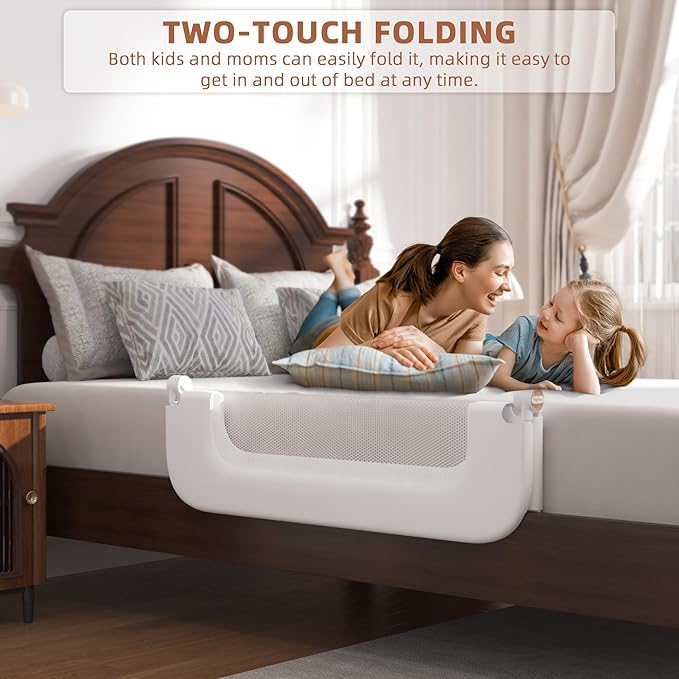 Bed Rail for Toddlers, Baby Bed Rail Guard for Kids, Toddler Bed Rails with Reinforced Anchor Fit, Height Adjustable & Foldable Bed Rail Guard for Twin, Full, Queen & King Beds (White, 32IN)