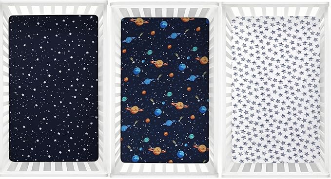 PHF 3 Pack Soft Space Crib Sheets Fitted, Silky Comfy Breathable Baby Sheets for Boys Girls Neutral, 28x52 Inches Fits Standard Crib and Toddler Mattresses, Space