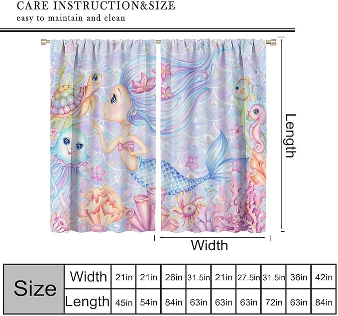 Mermaid Curtains for Girls Children Pink Sea Animal Mermaid Coral Bedroom Curtains for Living Room Room 42x44 Inch