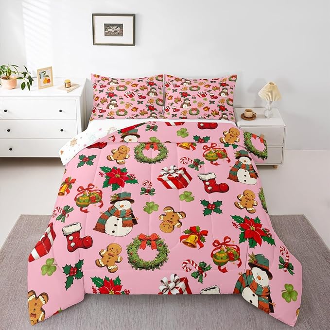 jejeloiu Merry Christmas Comforter Set Twin Size Cute Snowman Bedding Set for Kids Boys Girls Gingerbread Man Duvet Quilt Pink Bedroom Decor