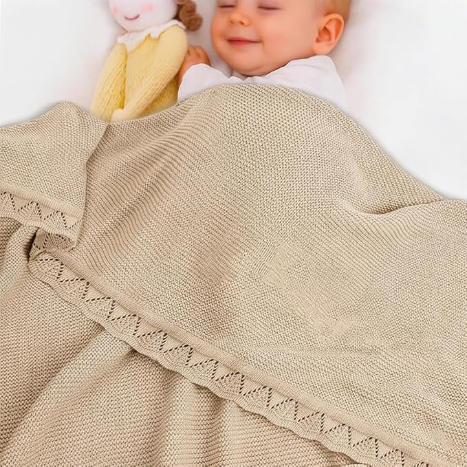 Baby Knit Blanket Soft Breathable Cotton Scallop Border Blankets Newborn Knitted Blanket Swaddle Blankets Gifts for Baby Newborn Toddler Shower Boy Girl New Mom Birthday Christmas Beige 28x36
