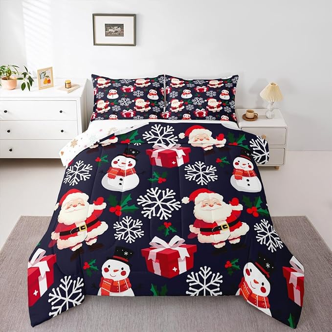 jejeloiu Merry Christmas Comforter Set Full Size Xmas Santa Claus Bedding Set for Kids Boys Girls Cute Snowman Duvet Quilt Dark Blue Bedroom Decor