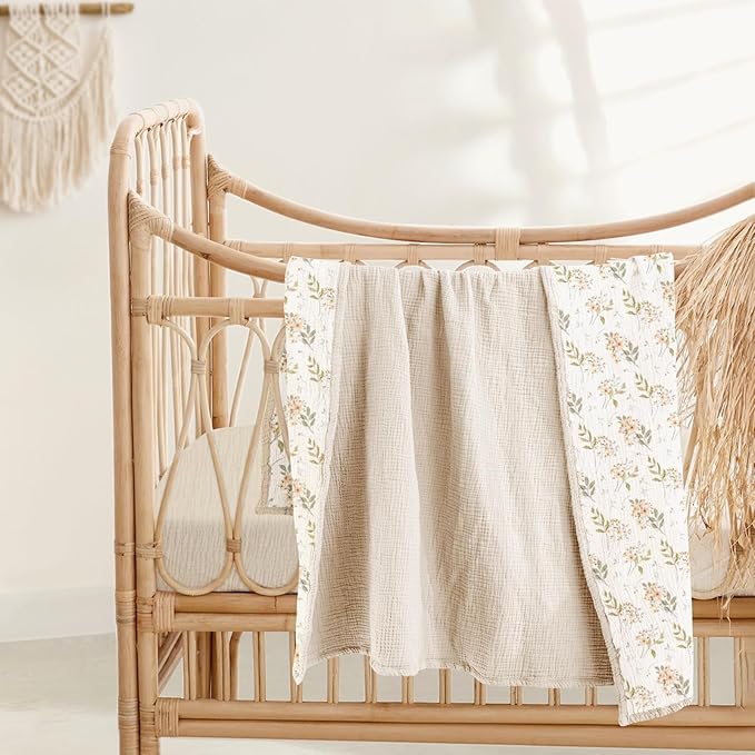 lulumoon Muslin Baby Blanket for Girls: Lightweight Cotton Blanket for Newborn - Soft Nursery Blanket for Stroller 47x47 Inches (Ivory Flower)