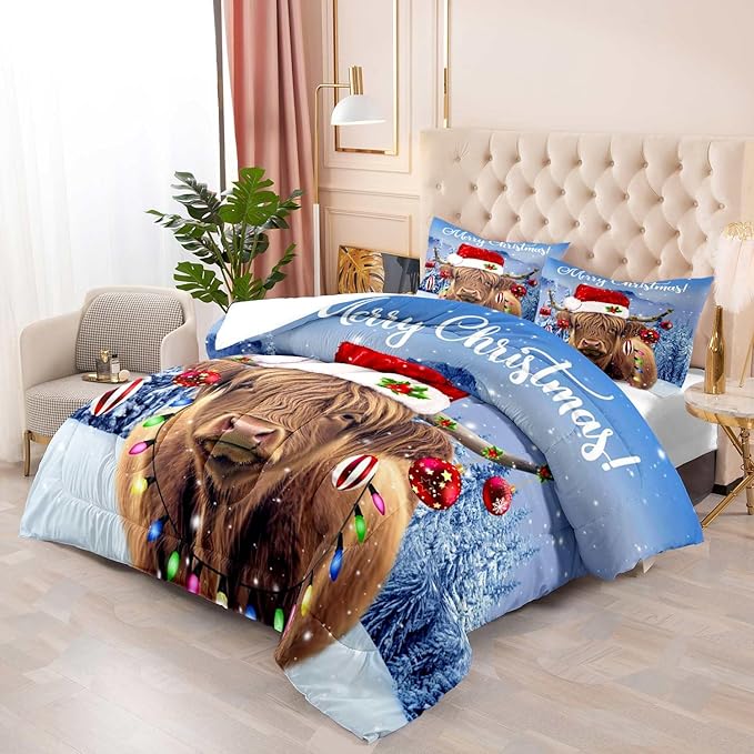 LUVIVIHOME 2PCS Funny Highland Cow Comforter Set Twin Size, Christmas Bedding, Cattle Bull Animal Santa Christmas Balls Winter Holiday Xmas New Year Christmas Bedroom Decor, Cow Gifts, 1 Pillow Sham