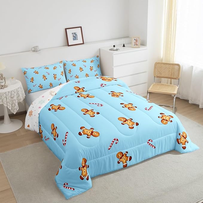 jejeloiu Kids Cute Gingerbread Man Comforter Set King Size Christmas Theme Bedding Set for Boys Girls Teens Xmas Candy Cane Happy New Year Duvet Quilt Room Decor