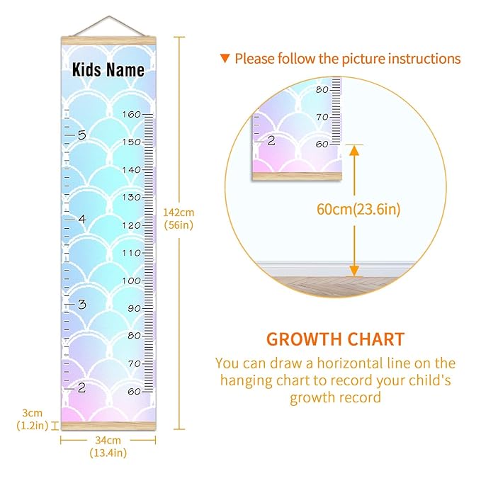 Personalized Kids Name Growth Chart Ruler for Wall Wood Frame Height Measure Chart 13.4x56 in Linen Hanging Height Growth Chart Rainbow Mermaid Kids Room Decor