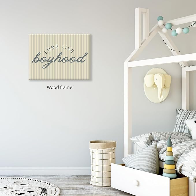 Long Live Boyhood Quote Wall Art Preppy Blue Stripe Poster 12x16 inch Framed Modern Fashion Minimalist Canvas Prints for Boy Nursery Bedroom Wall Decor