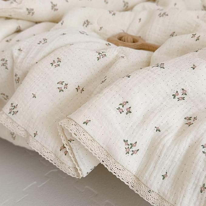 BuLuTu Pink Flower Toddler Blanket Double Layers Cotton Muslin Quilted Blanket Toddler Girls Boys Comforter (No Pillow) Kids Room Decor, Primrose Pattern, 47"x59"