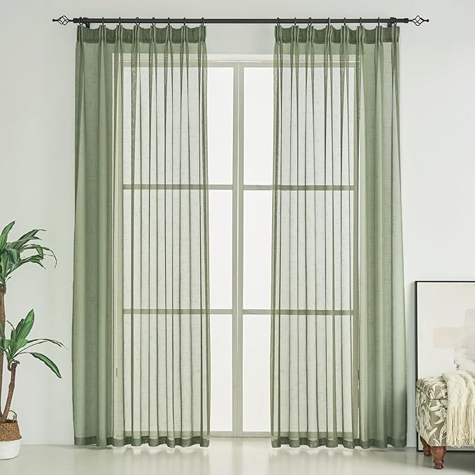 Sage Green Linen Look Sheer Curtains 102 Inches Long 2 Panels, Rustic Textured Light Filtering Drapes, Elegant Window Decor, Floor to Ceiling Pinch Pleat Curtain with Hooks