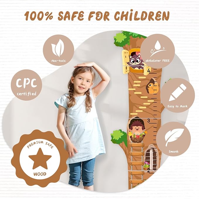Personalized Wooden Growth Chart, Tree House Animals Height Chart for Kids Room, Wood Kids Measuring Chart, Nursery Growth Chart Ruler Measuring Board for Boys Girls