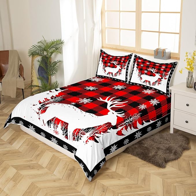 Manfei Christmas Duvet Cover Set Queen Size, Xmas Deer Tree Snowflake Print Bedding Set 3pcs for Kids Boys Girls Bedroom Decor, Black Red Plaid Print Comforter Cover with 2 Pillowcases,No Comforter