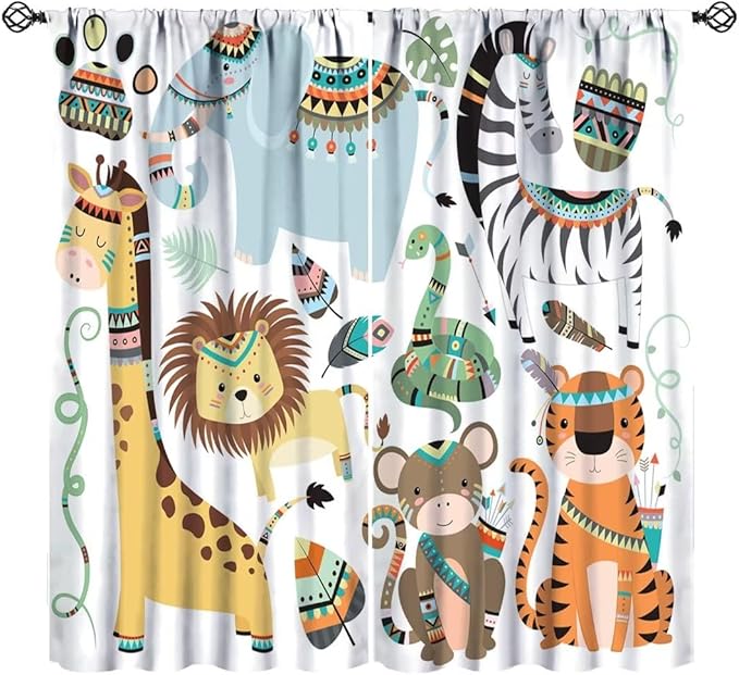 Jungle Tribal Animals Curtains, Southwest Aztec Cartoon Funny Zoo Animals Giraffe Lion Elephant Zebra Tiger Print Thermal Insulation Window Drapes for Kids Boys Girls Bedroom Living Room 72x63in