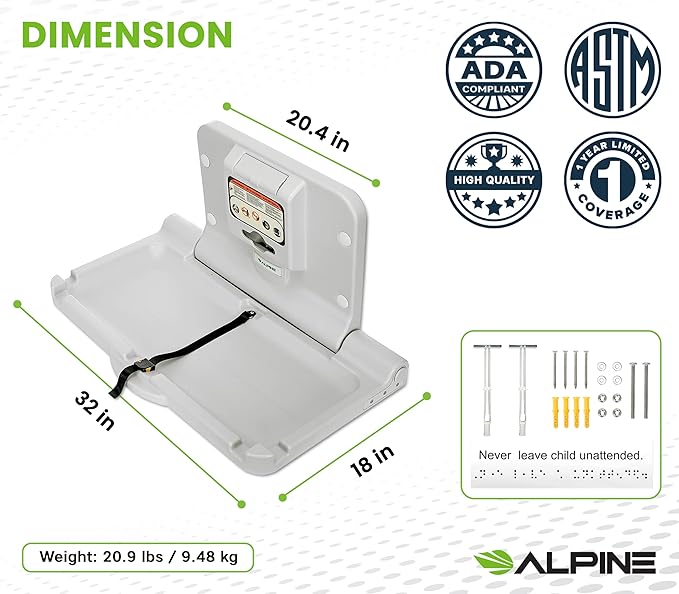 Alpine Wall Mounted Baby Changing Station 2 Pack - Horizontal Baby Changing Table Foldable Diaper Tables with Safety Strap for Commercial Bathroom, ADA Complaint (Hardware Included) White Gray