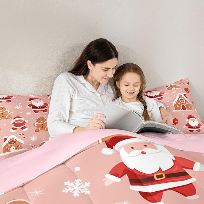 Feelyou Christmas Kids Comforter Set King Size Santa Bedding Set Gingerbread Man Duvet Quilt for Kids Boys Girls Bedroom Snowflake Decor Microfiber Ultra Soft Breathable
