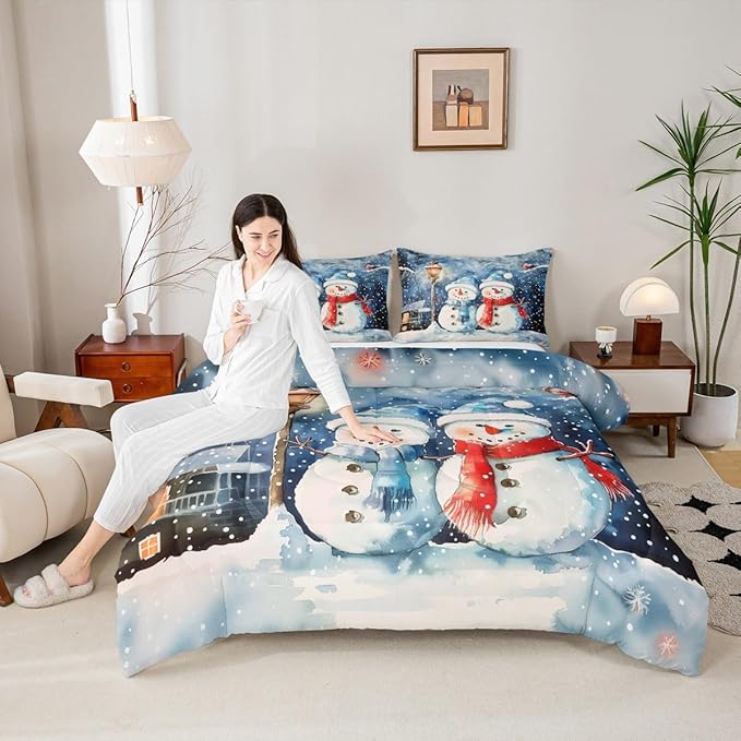 Feelyou Christmas Kids Comforter Set King Size Blue Watercolor Snowman Bedding Set Xmas Winter Duvet Quilt for Kids Boys Girls Bedroom Snowflake Decor Microfiber Ultra Soft Breathable