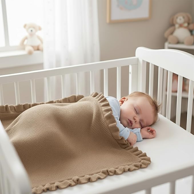 Cotton Baby Blanket with Ruffle Edge Soft Breathable Newborn Blanket for Boys & Girls, Lightweight Knit Throw for Crib, Stroller & Nursery Multiple Colors Available Mocha 28x36