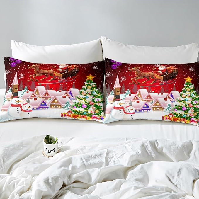 Manfei Christmas Duvet Cover Set Twin Size, Snowman Xmas Tree Bedding Set for Kids Boys Girls, Santa Claus with Reindeer Comforter Cover New Year Theme Quilt Cover with 1 Pillowcase, No Comforter