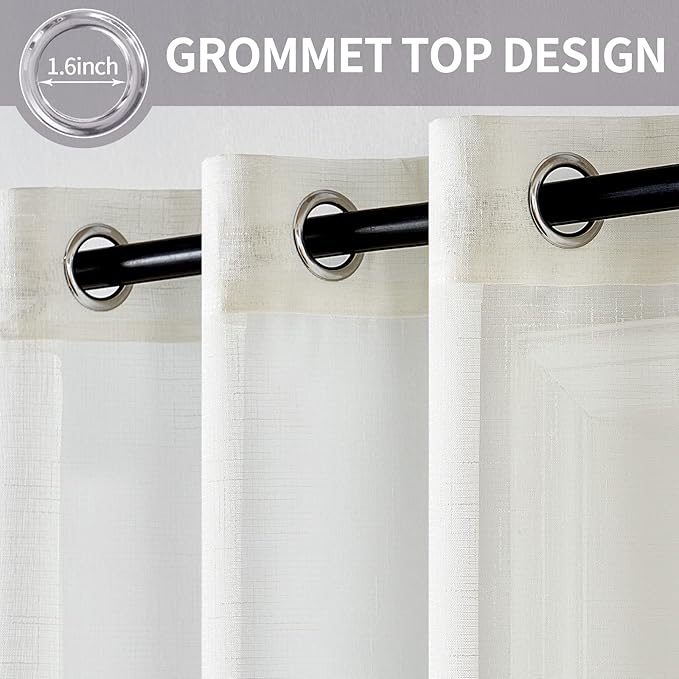 MIULEE 2 Panels Natural Linen Semi Sheer Window Curtains - Elegant Solid Ivory Drapes with Grommet Top - Voile Panels for Bedroom & Living Room (52X96 Inch)