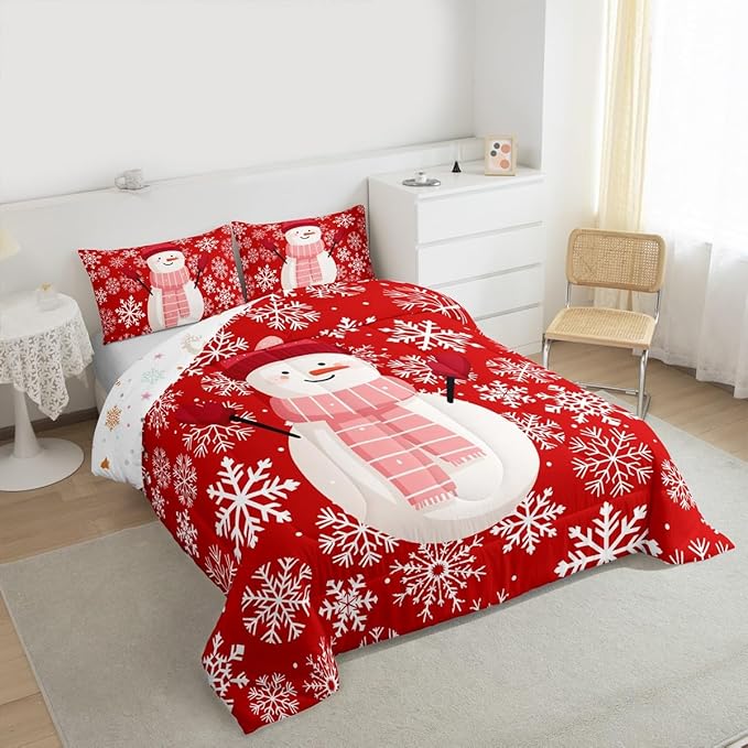Feelyou Christmas Comforter Set All Season Snowman Red Bedding Set with 2 Pillow Cases Xmas Snowflakes Microfiber Kids Full Bedclothes Winter Snow Bedroom Decor Duvet Quilt Breathable Soft Lightweight