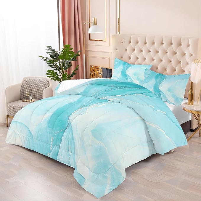Comforter Set Blue Marble: King Size Aqua Blue Bedding Sets for Women Girls Teens Bedroom Luxury Silver Glitter Quilt Abstract Marbling Bed Set 1 Comforter & 2 Pillowcases
