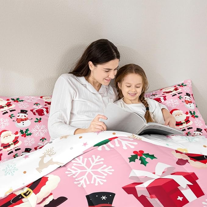 jejeloiu Merry Christmas Comforter Set Full Size Xmas Santa Claus Bedding Set for Kids Boys Girls Cute Snowman Duvet Quilt Pink Bedroom Decor