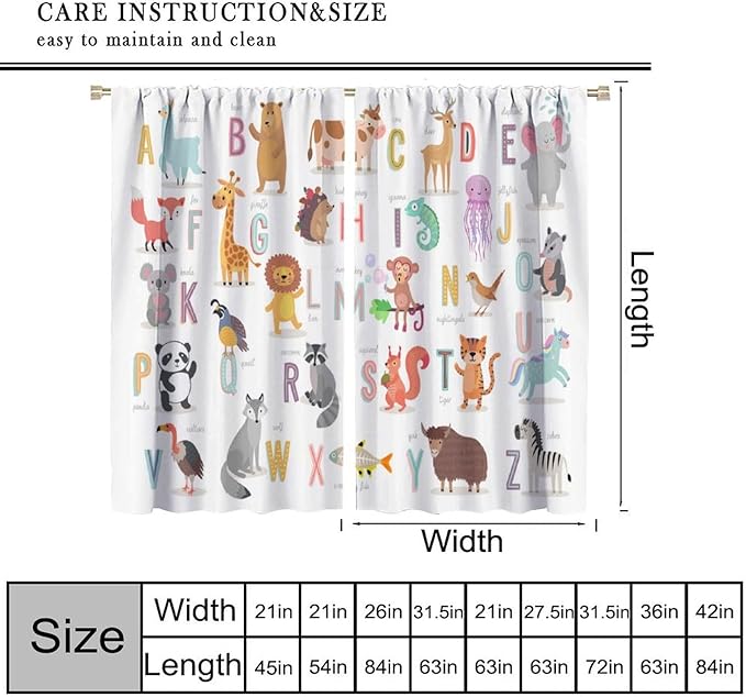 Kids Alphabet Curtains Cute Cartoon Animal Funny Educational Learning Curtain with Rod Pocket for Nursery Bedroom Playroom Home Decor Drapes Window Treatments 2 Panels Set 42" W X 54" L
