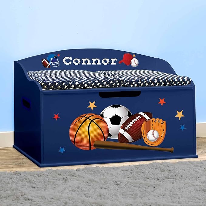 DIBSIES Personalized Creative Wonders Toy Box, Sports, 30 x 19.25 x 18 inches, Soft-Close Lid (Blue)