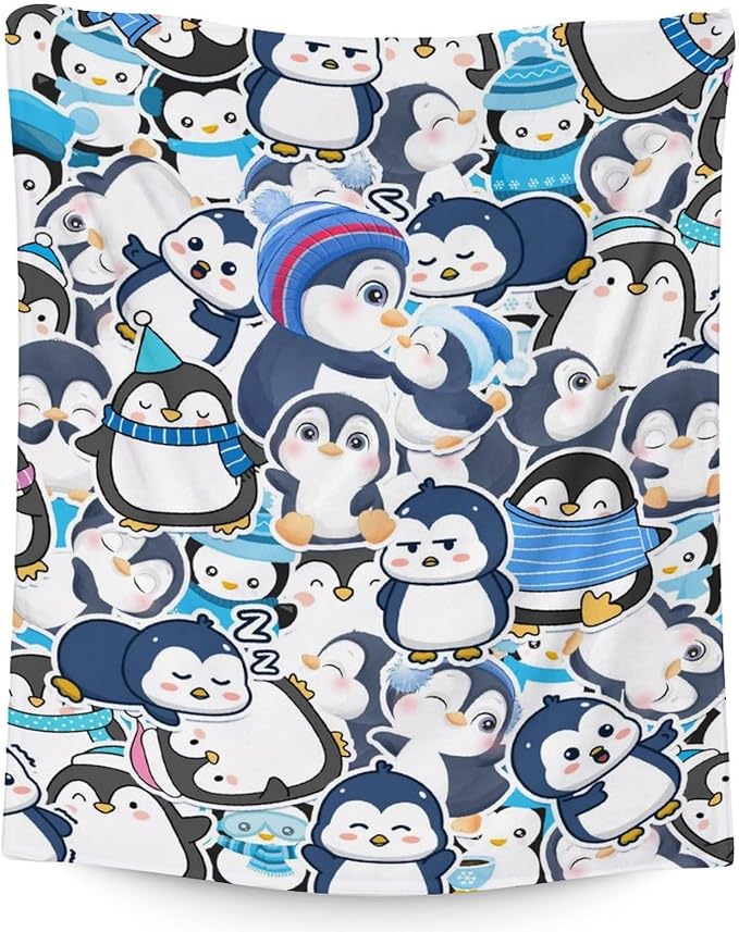 Penguin Gifts for Adult - 60" x 80" Inches Cute Penguin Blanket for Girls - Blue Lightweight Furry Throws for Sofa, Bed & Living Room