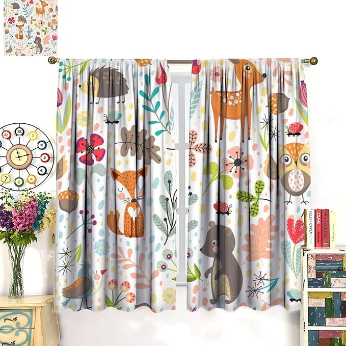 Jungle Animals Curtains, Cute Cartoon Animals Branches Blackout Window Treatments, Rod Pocket Thermal Insulated Drapes 2 Panel Sets for Kids Bedroom Nursery Classroom, 63" W X 72" L