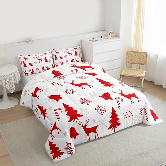 Feelyou Merry Christmas Bedding Set Soft for Boys Girls, Xmas Tree Reindeer Comforter Set Toddler Size Candy Cane Bell Duvet Quilt Microfiber Snowflake Bedroom Decor 2 Pcs with 1 Pillow Cases