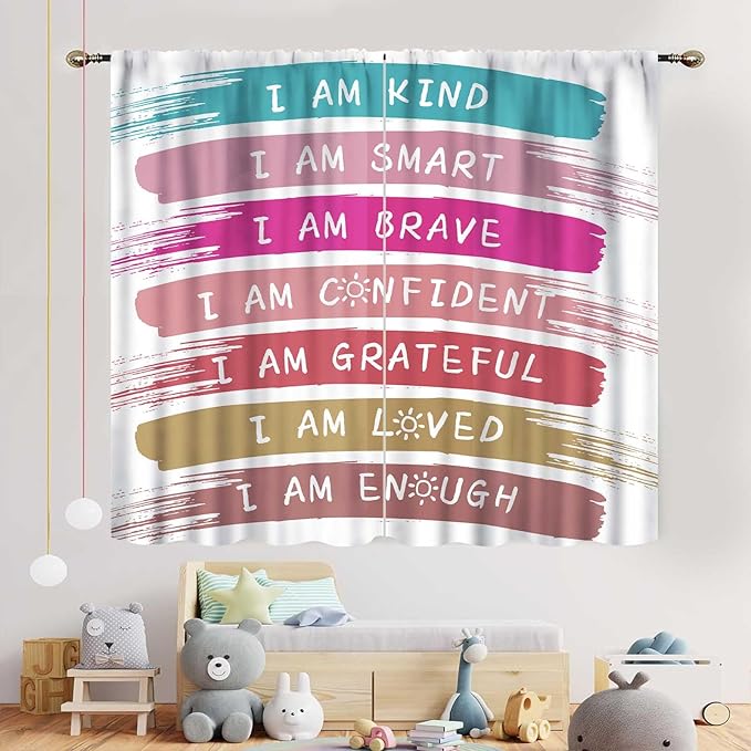Rainbow Curtains for Classroom, Kids Girls Baby Boho Cute Inspirational Motivational Quotes Cartoon Colorful Pastel Nursery Classroom Bedroom Living Room Bathroom Window Drapes 2 Panels, 52"x84" Inch