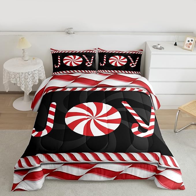 Kids Merry Christmas Comforter Set Full Size,Holiday Joy Sweet Candies Bedding,Girls Boys Adults Bedroom/Xmas Cabin Decor,Wave Geometric Retro Down Comforter,Red Black Duvet Insert,2 Pillowcases
