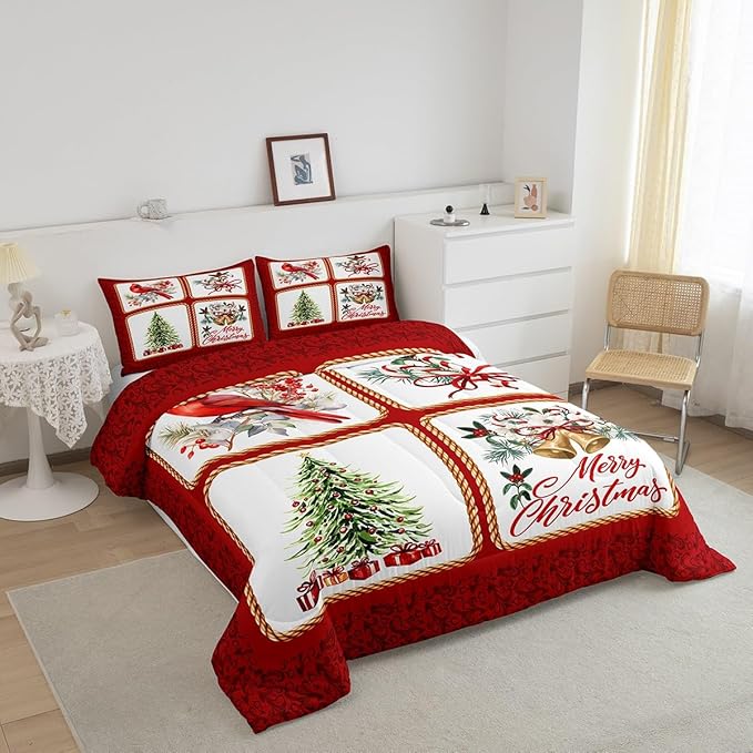 Christmas Plaid Full Size Comforter Set,Berries Cardinals Xmas Pine Print Bedding Comforters Bedroom Collection,Floral Bells Red Lace Patchwork Bedding Set for Girls Teens