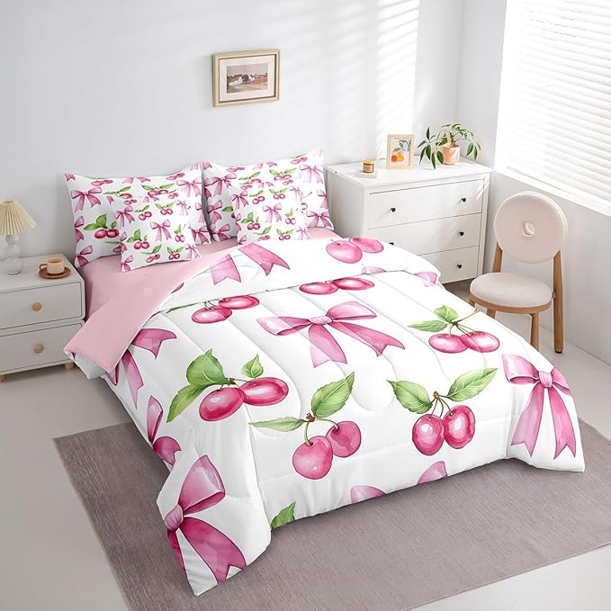 7 Pieces Pink Bowknot Kids Comforter Full,Cherry Tropical Fruit Bow Patchwork Bedding Set,Bow Tie Butterfly Knot Princess Dreamy（Comforter+Fitted+Flat Sheet+2 Pillowcases+2 Throw Pillow Covers）