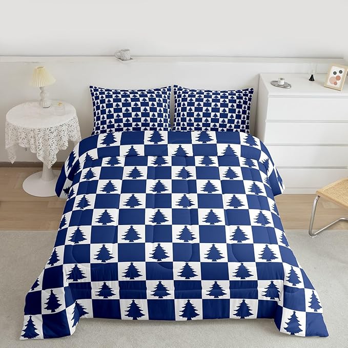 Feelyou Christmas Kids Comforter Set King Size Checkered Bedding Set Christmas Tree Duvet Quilt for Kids Boys Girls Bedroom Xmas Decorations Decor Blue Microfiber Ultra Soft Breathable