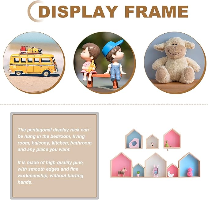 Angoily 3pcs House Shaped Floating Shelves Wall-Mounted Wood Storage Rack for Home Decor Modern Geometric Design with Strong Bearing for Stationery Plants Ornaments Display