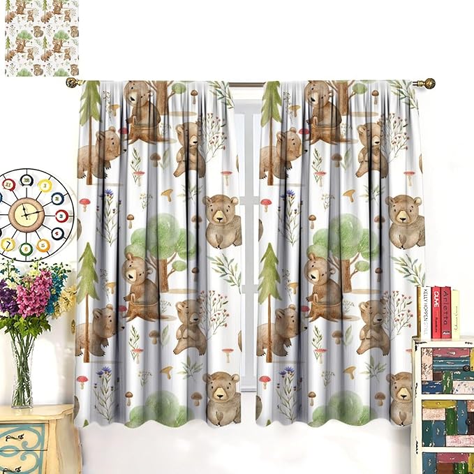 Forest Animal Curtains,Kids Home Bedroom Window Treatments, Cartoon Watercolor Bear Squirrel Woodland Animal Drapes 42x45 Inch