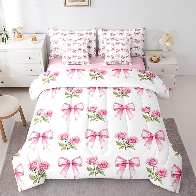 7 Pieces Pink Bowknot Kids Comforter King,Rose Flowers Valentine's Day Romantic Bedding Set,Pink Bow Tie Knot Princess Dreamy（Comforter+Fitted+Flat Sheet+2 Pillowcases+2 Throw Pillow Covers）