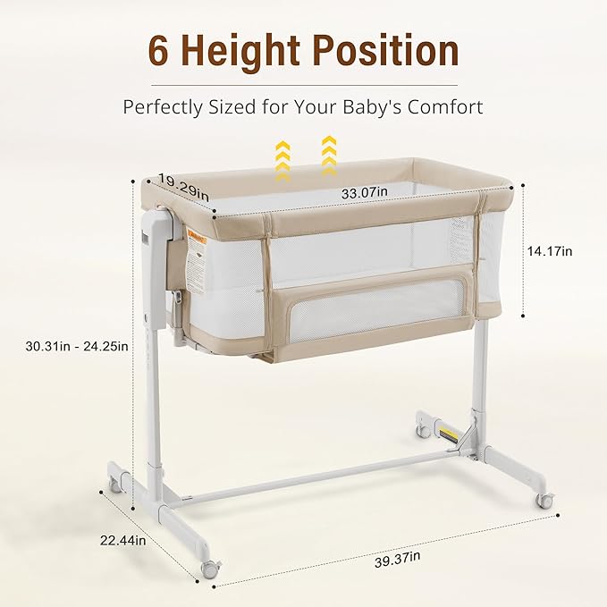 Baby Bassinet Bedside Sleeper 3-in-1, Easy Night Feeding with One-Side Fold & Rolling Wheels, Breathable Mesh, 6-Height Adjustable, Soft Mattress for Newborns