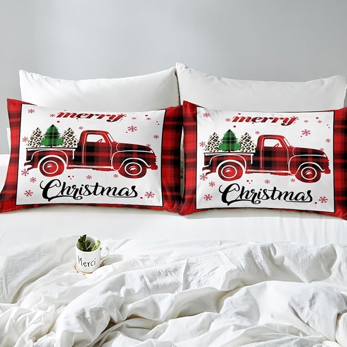 Xmas Truck Duvet Cover Set Twin Size, Christmas Tree Snowflake Print Bedding Set 2pcs for Kids Boys Girls Bedroom Decor, New Year Theme Red Plaid Print Comforter Cover with 1 Pillowcase,No Comforter