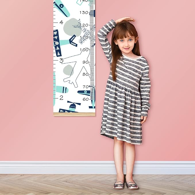Personalized Kids Name Growth Chart Ruler for Wall Wood Frame Height Measure Chart 13.4x56 in Linen Hanging Height Growth Chart Airplane Collection Kids Room Decor