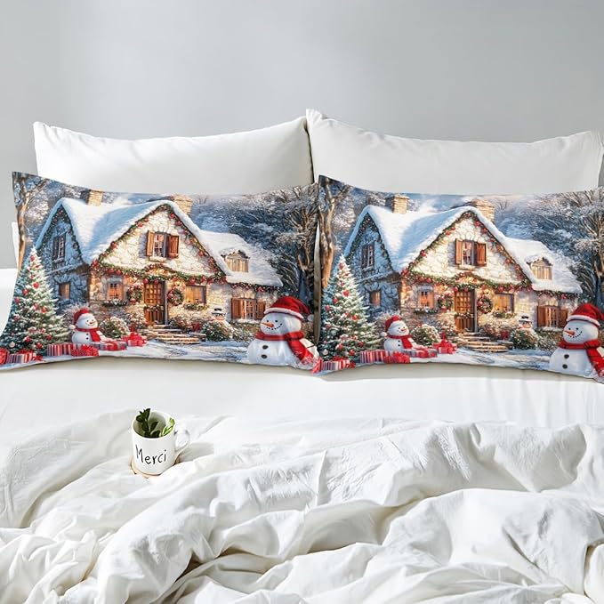 Manfei Christmas Duvet Cover Set King Size, Winter Snow Scenery Bedding Set for Kids Boys Girls Room Decor, Western New Year Comforter Cover, Soft Polyester Quilt Cover, 2 Pillowcases, No Comforter