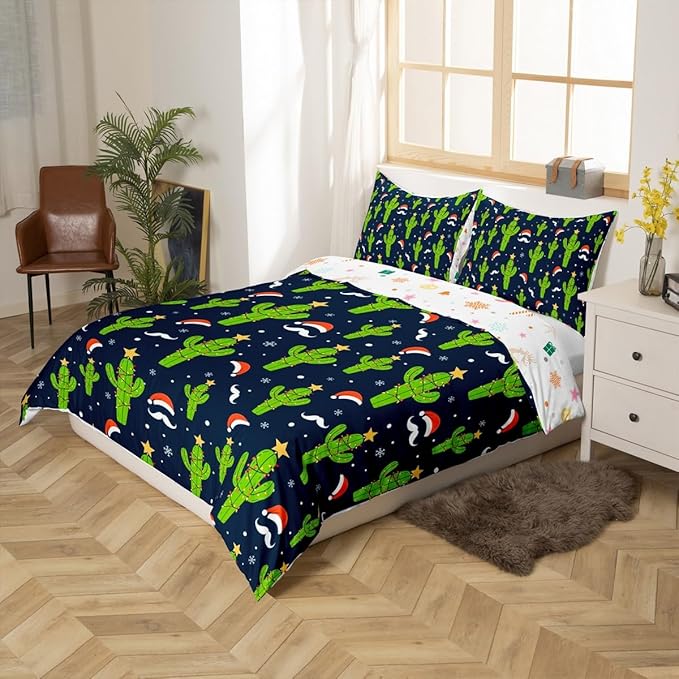 Feelyou Christmas Duvet Cover Boys Cartoon Cactus Xmas Theme Bedding Set for Kids Teens Ultra Soft Snowflake Comforter Cover Set New Year Bedspread Cover Room Decor Twin Size Bedclothes Zipper